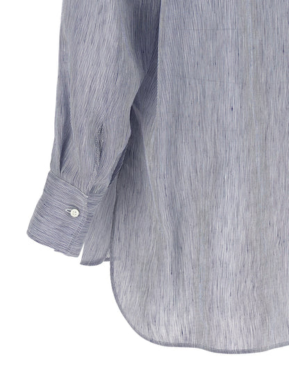 Hooded Blouse by Brunello Cucinelli for women in linen & silk light-blue & striped, featuring a nuanced and nuanced for a sophisticated finish.