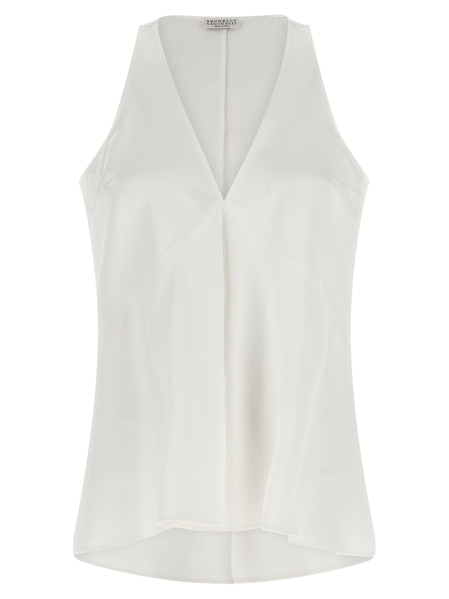 Shirt by Brunello Cucinelli for women in cotton silk satin twill white, featuring a nuanced sleeveless and nuanced v-neck neckline for a sophisticated finish.