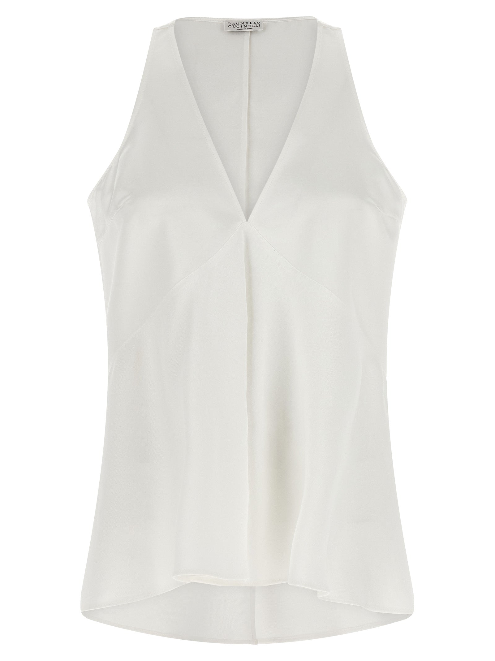Shirt by Brunello Cucinelli for women in cotton silk satin twill white, featuring a nuanced sleeveless and nuanced v-neck neckline for a sophisticated finish.