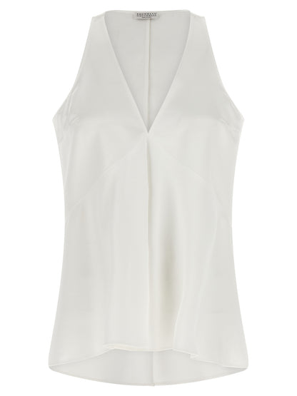 Shirt by Brunello Cucinelli for women in cotton silk satin twill white, featuring a nuanced sleeveless and nuanced v-neck neckline for a sophisticated finish.