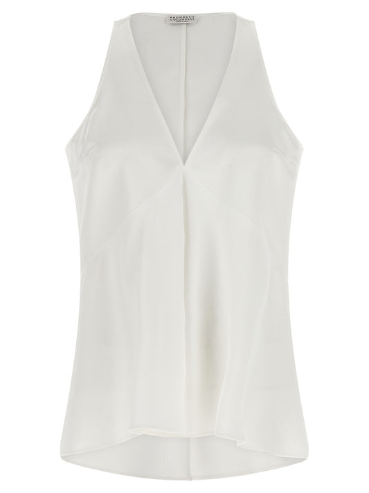 Shirt by Brunello Cucinelli for women in cotton silk satin twill white, featuring a nuanced sleeveless and nuanced v-neck neckline for a sophisticated finish.