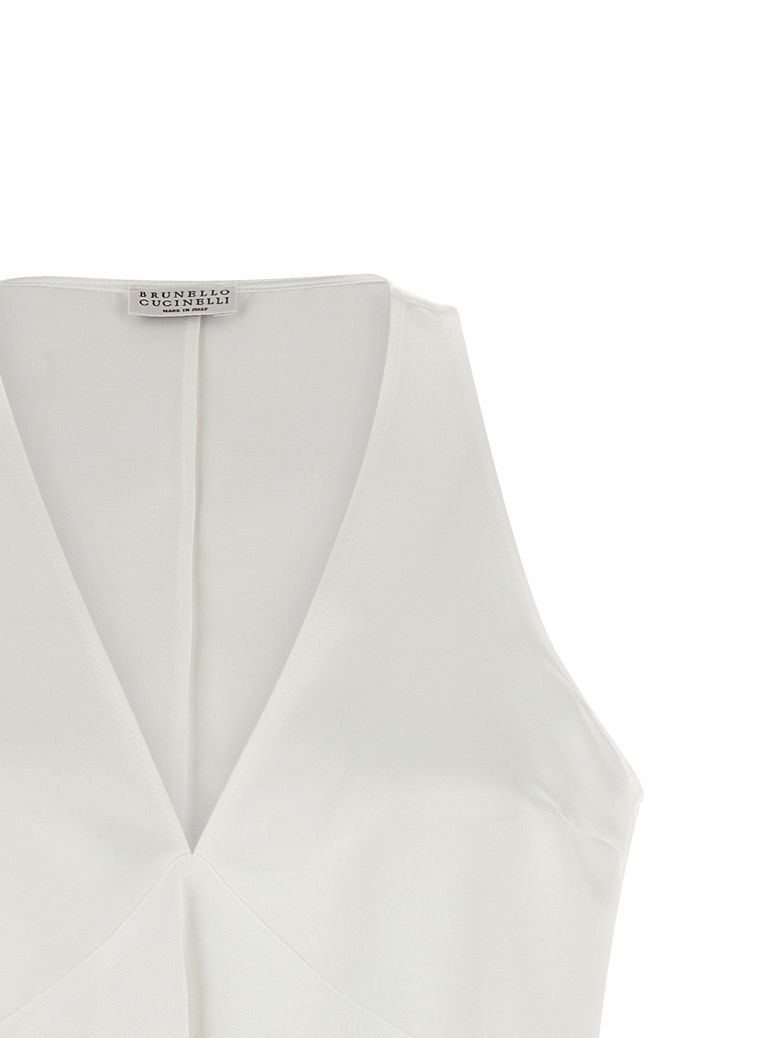 Shirt by Brunello Cucinelli for women in cotton silk satin twill white features an architectural silhouette with a refined and elegant v-neck neckline for a architectural look.