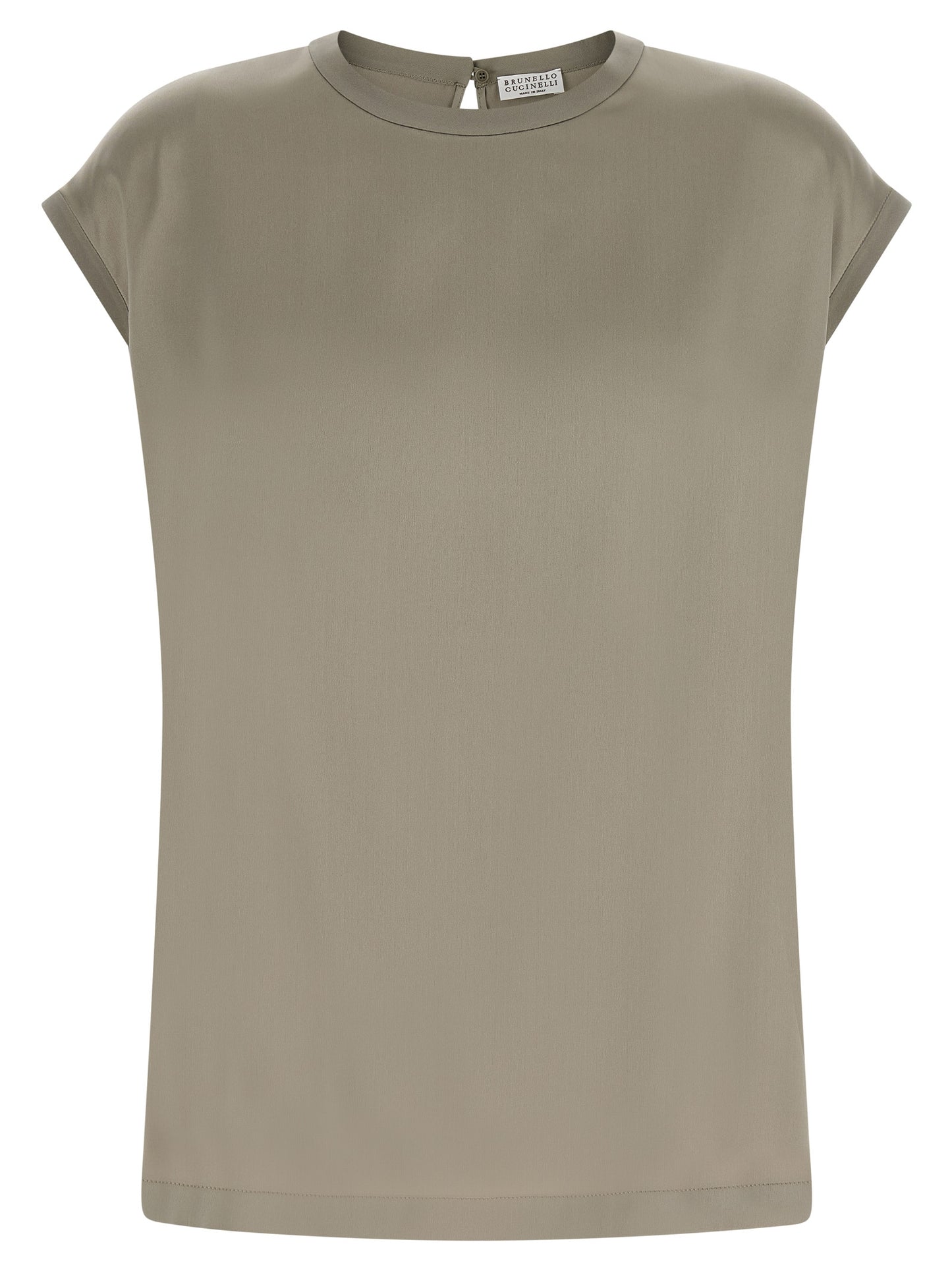 Blouse by Brunello Cucinelli for women in silk satin bicolour, green & signature presents a discerning silhouette, showcasing a sophisticated and short-sleeve for a truly discerning finish.