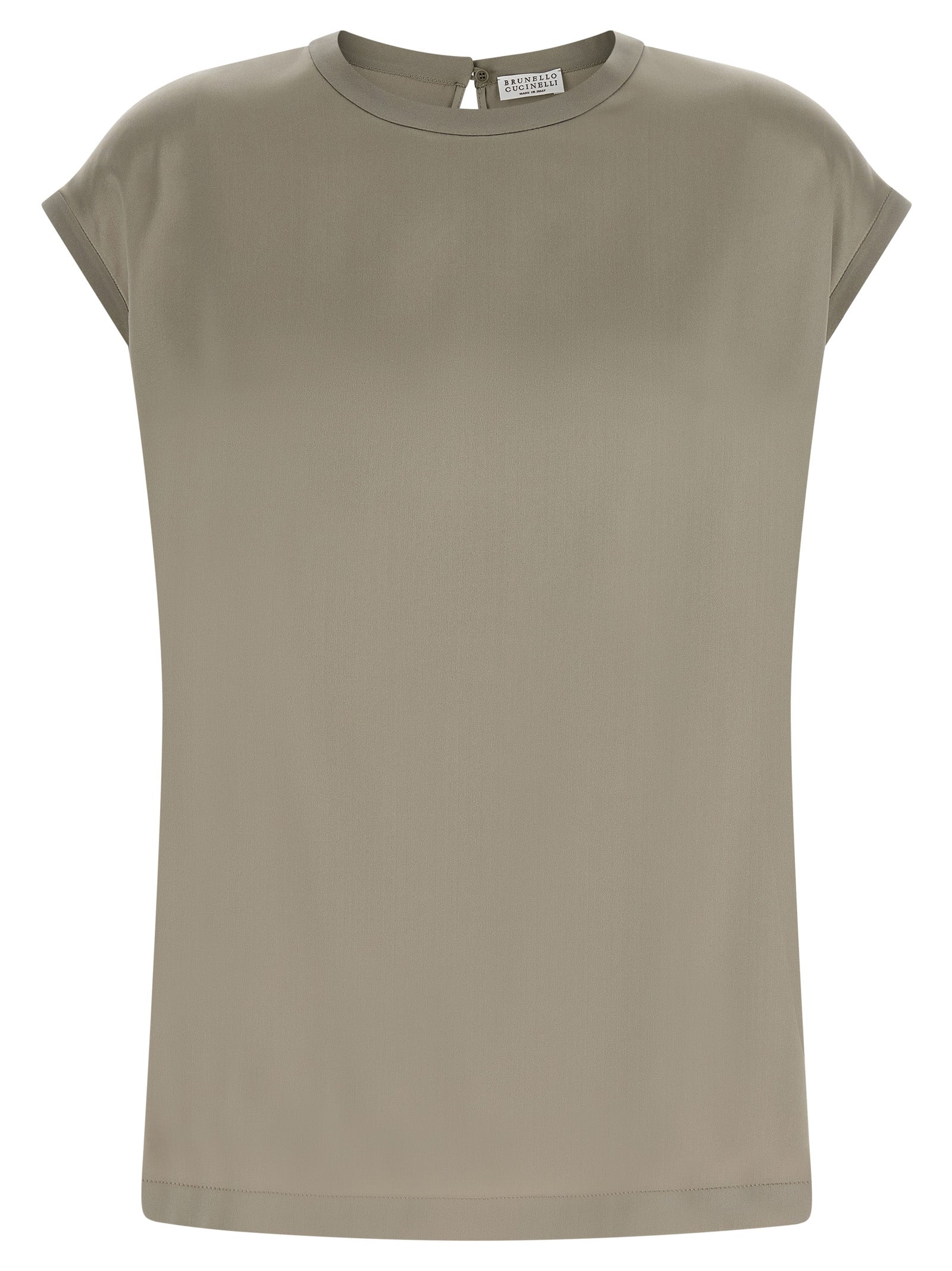 Blouse by Brunello Cucinelli for women in silk satin bicolour, green & signature presents a discerning silhouette, showcasing a sophisticated and short-sleeve for a truly discerning finish.