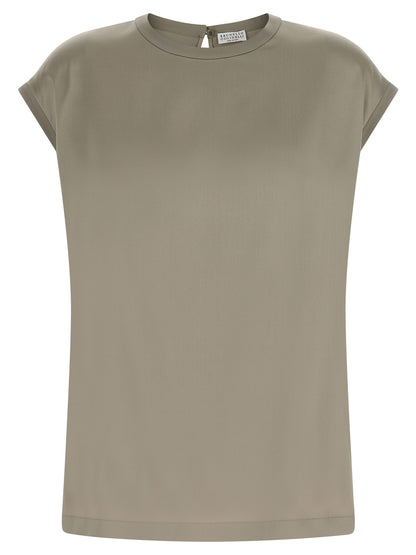 Blouse by Brunello Cucinelli for women in silk satin bicolour, green & signature presents a discerning silhouette, showcasing a sophisticated and short-sleeve for a truly discerning finish.