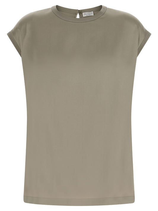 Blouse by Brunello Cucinelli for women in silk satin bicolour, green & signature presents a discerning silhouette, showcasing a sophisticated and short-sleeve for a truly discerning finish.