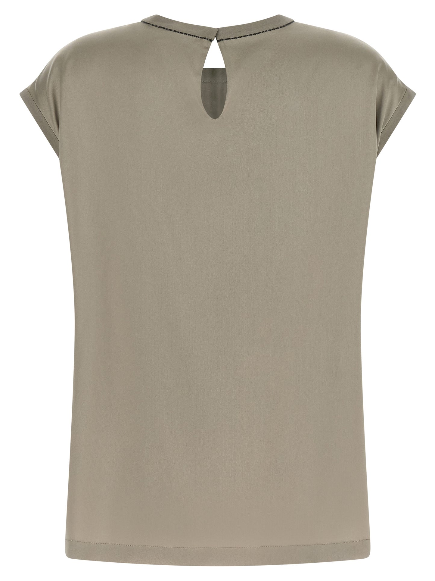 Blouse by Brunello Cucinelli for women in silk satin bicolour, green & signature showcases a sharp silhouette, elegantly detailed with a sharp and sharp .