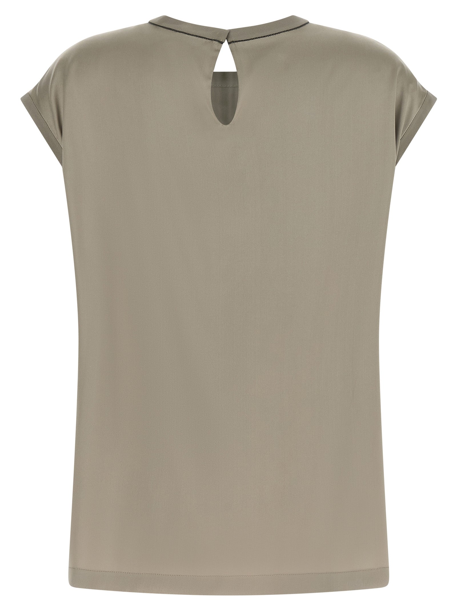 Blouse by Brunello Cucinelli for women in silk satin bicolour, green & signature showcases a sharp silhouette, elegantly detailed with a sharp and sharp .