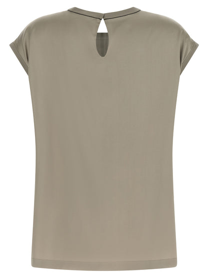 Blouse by Brunello Cucinelli for women in silk satin bicolour, green & signature showcases a sharp silhouette, elegantly detailed with a sharp and sharp .