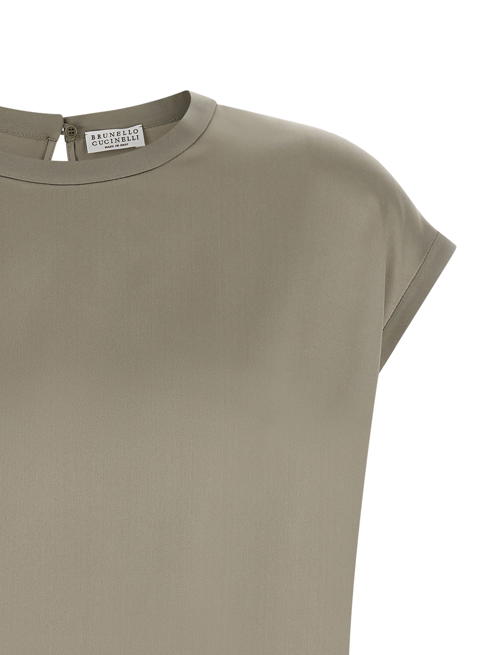 Blouse by Brunello Cucinelli for women in silk satin bicolour, green & signature showcases a sleek silhouette, elegantly detailed with a sleek and for a sleek finish.