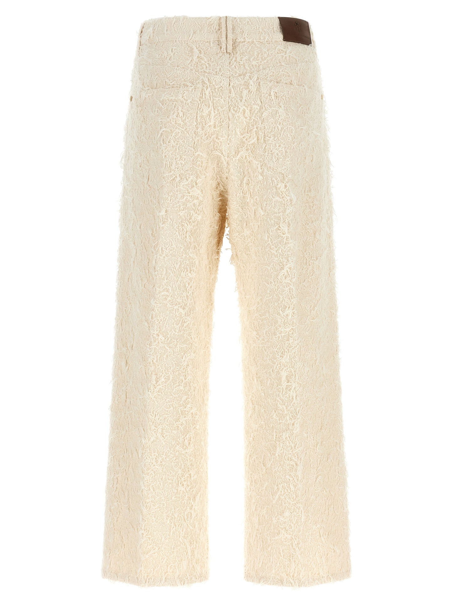 Trousers by Brunello Cucinelli for women in cotton denim beige, brown, gold & ivory features a sculptural silhouette, showcasing a sculptural straight-leg & cropped and cropped with a sophisticated high rise for a sculptural finish.