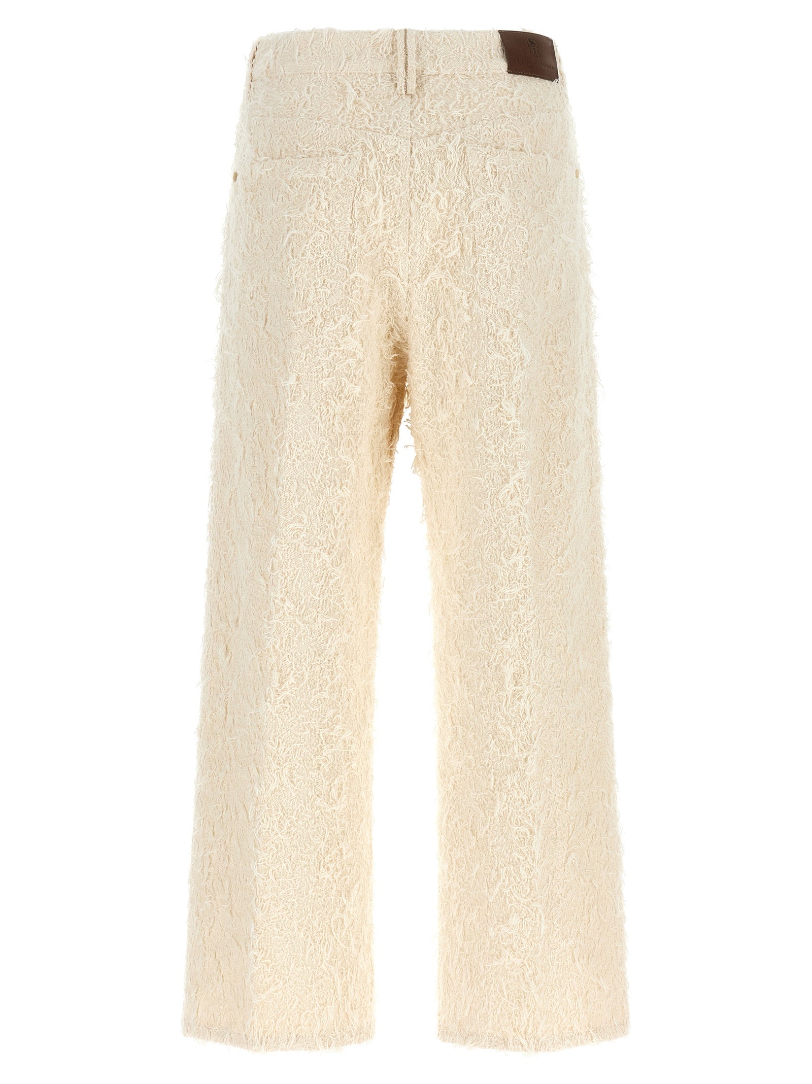 Trousers by Brunello Cucinelli for women in cotton denim beige, brown, gold & ivory features a sculptural silhouette, showcasing a sculptural straight-leg & cropped and cropped with a sophisticated high rise for a sculptural finish.