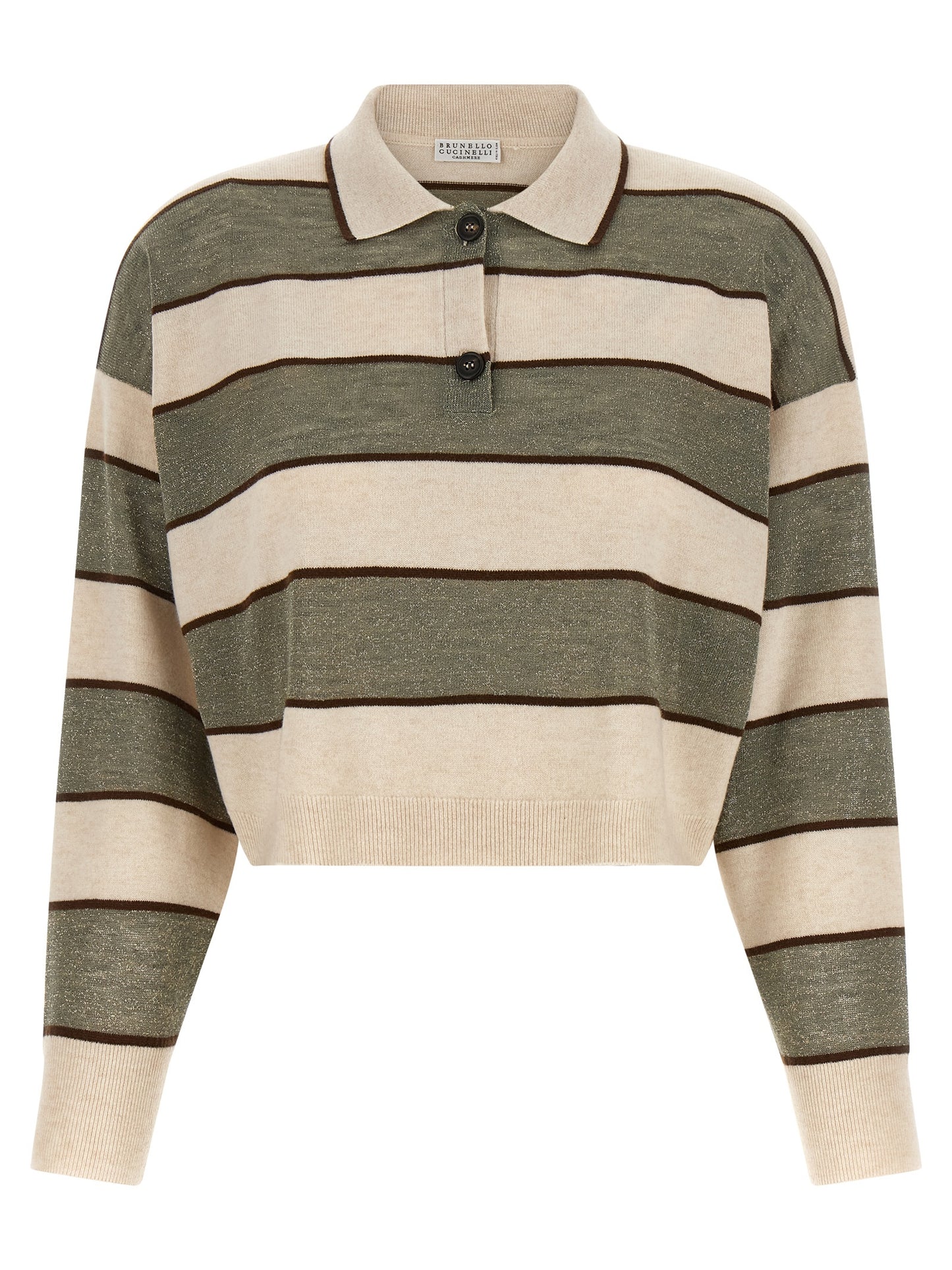 Polo Shirt by Brunello Cucinelli for women in silk cashmere virgin wool beige, brown, multicolor, olive & striped presents a distinguished silhouette, showcasing a sophisticated and distinguished for a truly distinguished finish.