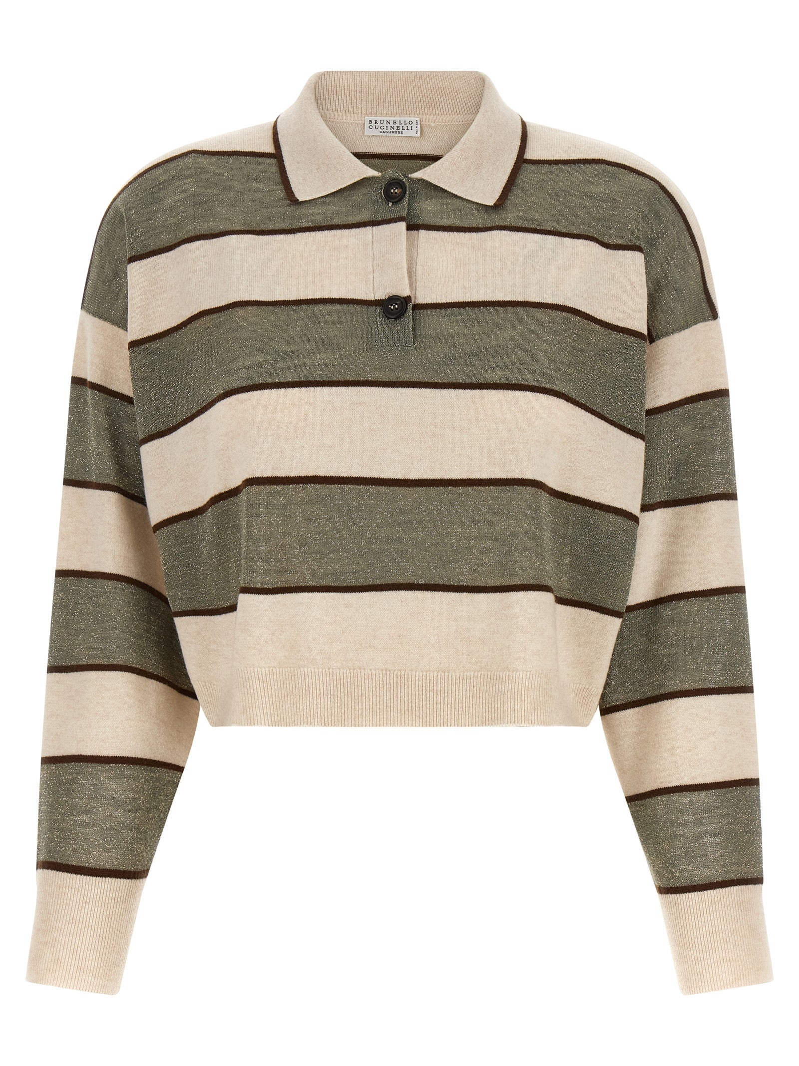 Polo Shirt by Brunello Cucinelli for women in silk cashmere virgin wool beige, brown, multicolor, olive & striped presents a distinguished silhouette, showcasing a sophisticated and distinguished for a truly distinguished finish.