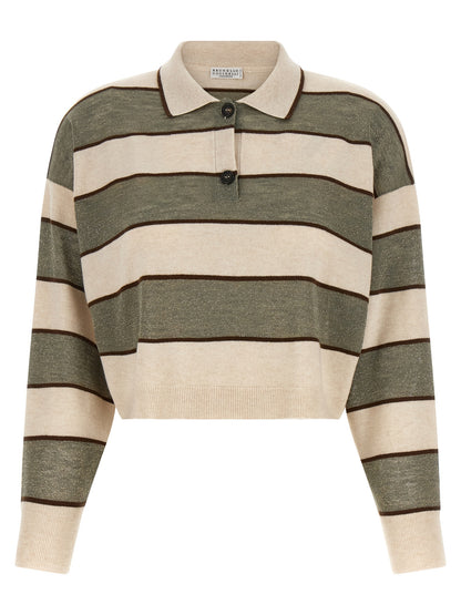 Polo Shirt by Brunello Cucinelli for women in silk cashmere virgin wool beige, brown, multicolor, olive & striped presents a distinguished silhouette, showcasing a sophisticated and distinguished for a truly distinguished finish.