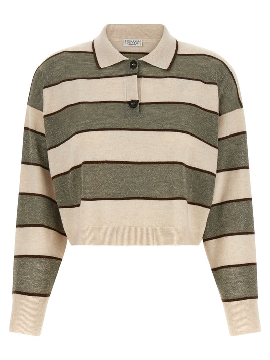 Polo Shirt by Brunello Cucinelli for women in silk cashmere virgin wool beige, brown, multicolor, olive & striped presents a distinguished silhouette, showcasing a sophisticated and distinguished for a truly distinguished finish.