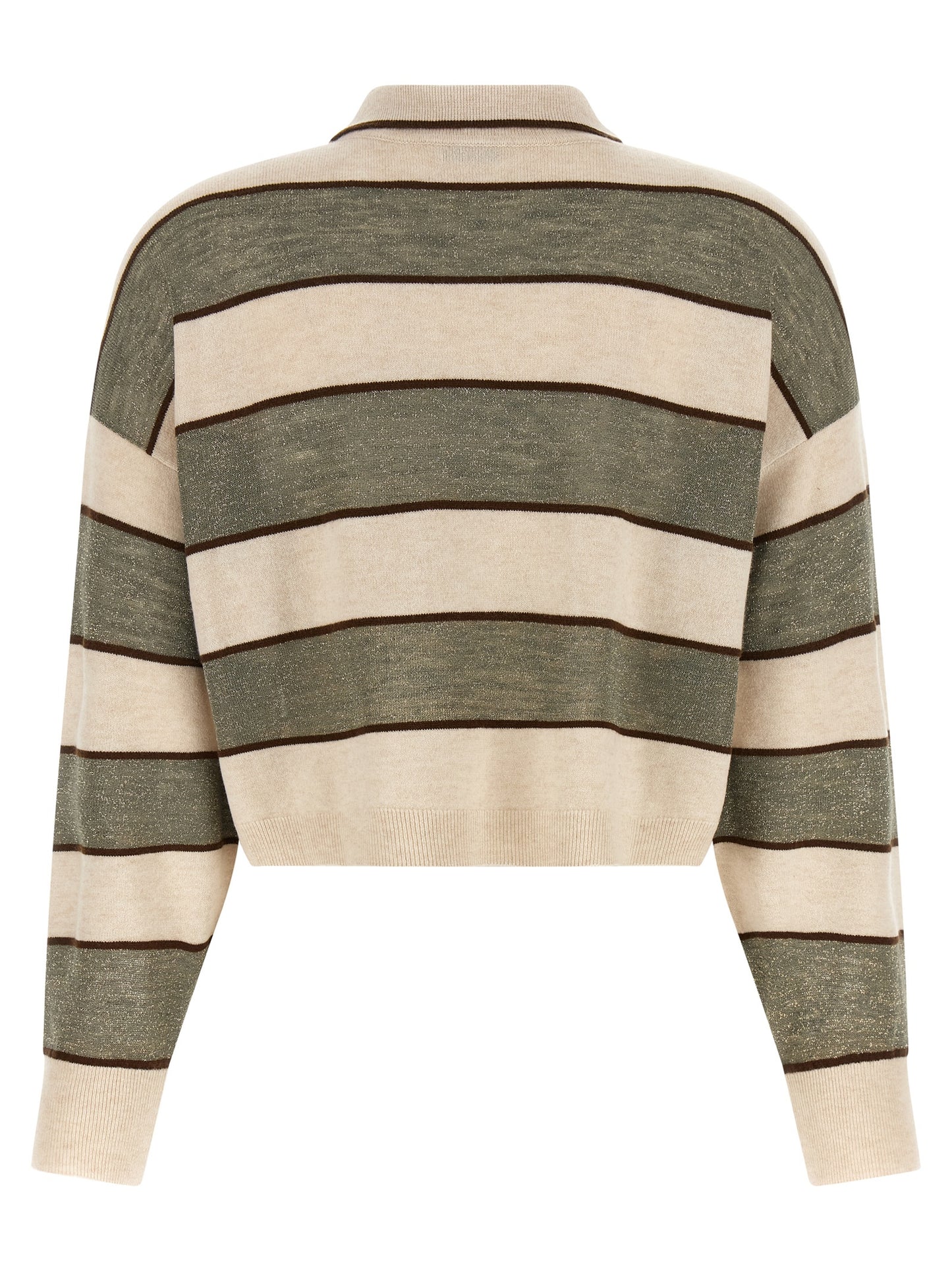 Polo Shirt by Brunello Cucinelli for women in silk cashmere virgin wool beige, brown, multicolor, olive & striped presents a sleek silhouette, featuring a refined and for a sleek finish.