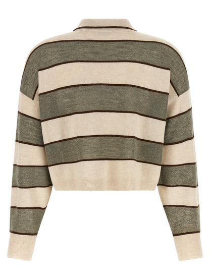 Polo Shirt by Brunello Cucinelli for women in silk cashmere virgin wool beige, brown, multicolor, olive & striped presents a sleek silhouette, featuring a refined and for a sleek finish.