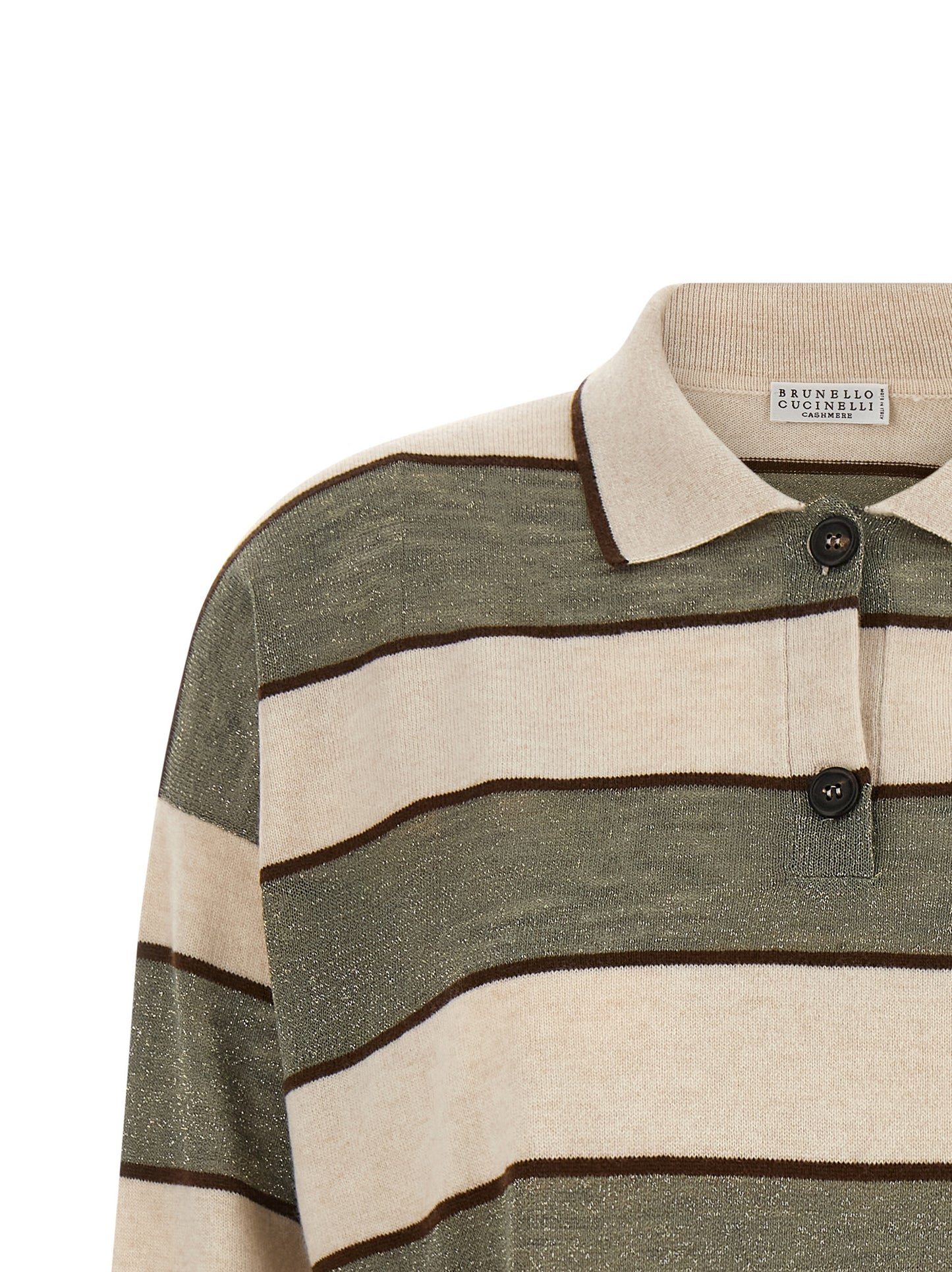 Polo Shirt by Brunello Cucinelli for women in silk cashmere virgin wool beige, brown, multicolor, olive & striped features a eye catching silhouette, showcasing a refined and for a eye catching finish.