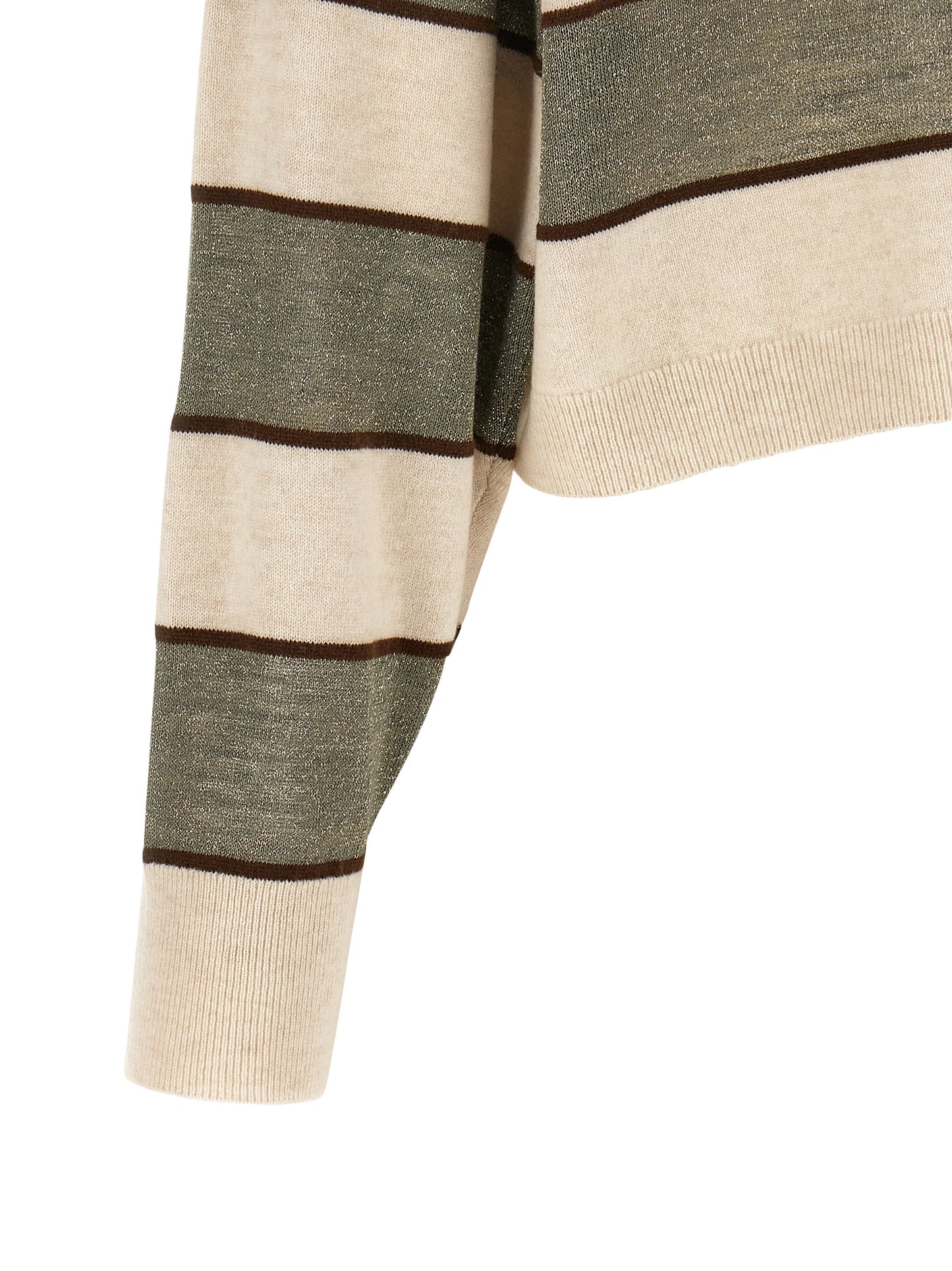 Polo Shirt by Brunello Cucinelli for women in silk cashmere virgin wool beige, brown, multicolor, olive & striped showcases a sharp silhouette, detailed with a refined and sharp for a sophisticated finish.