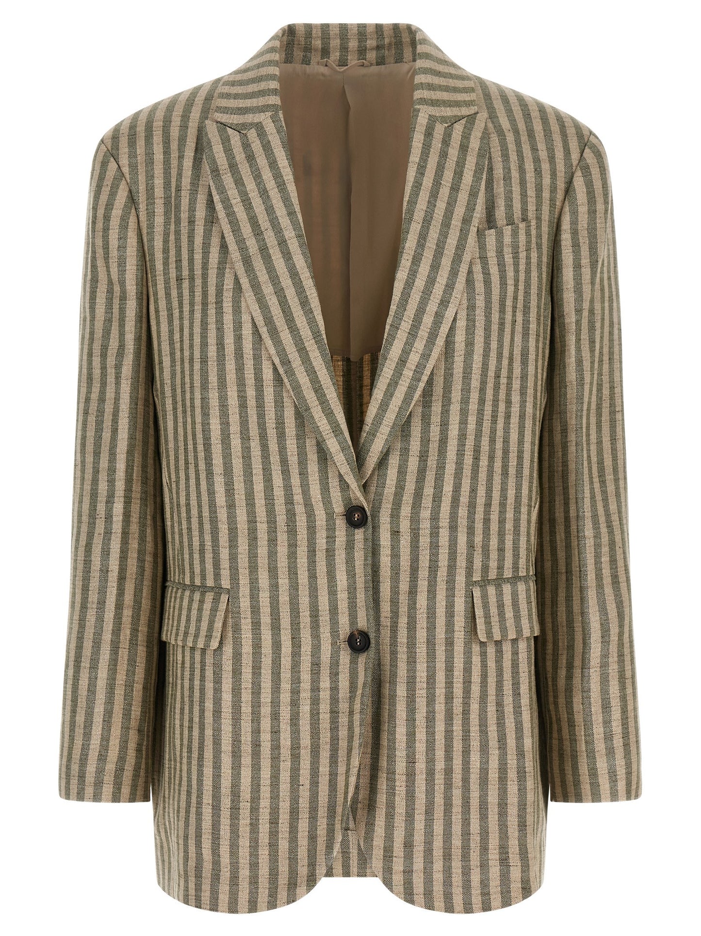 Blazer by Brunello Cucinelli for women in polyamide & linen bicolour, beige, green, horn & striped showcases a discerning silhouette, elegantly detailed with a sophisticated and premium for a truly discerning finish.