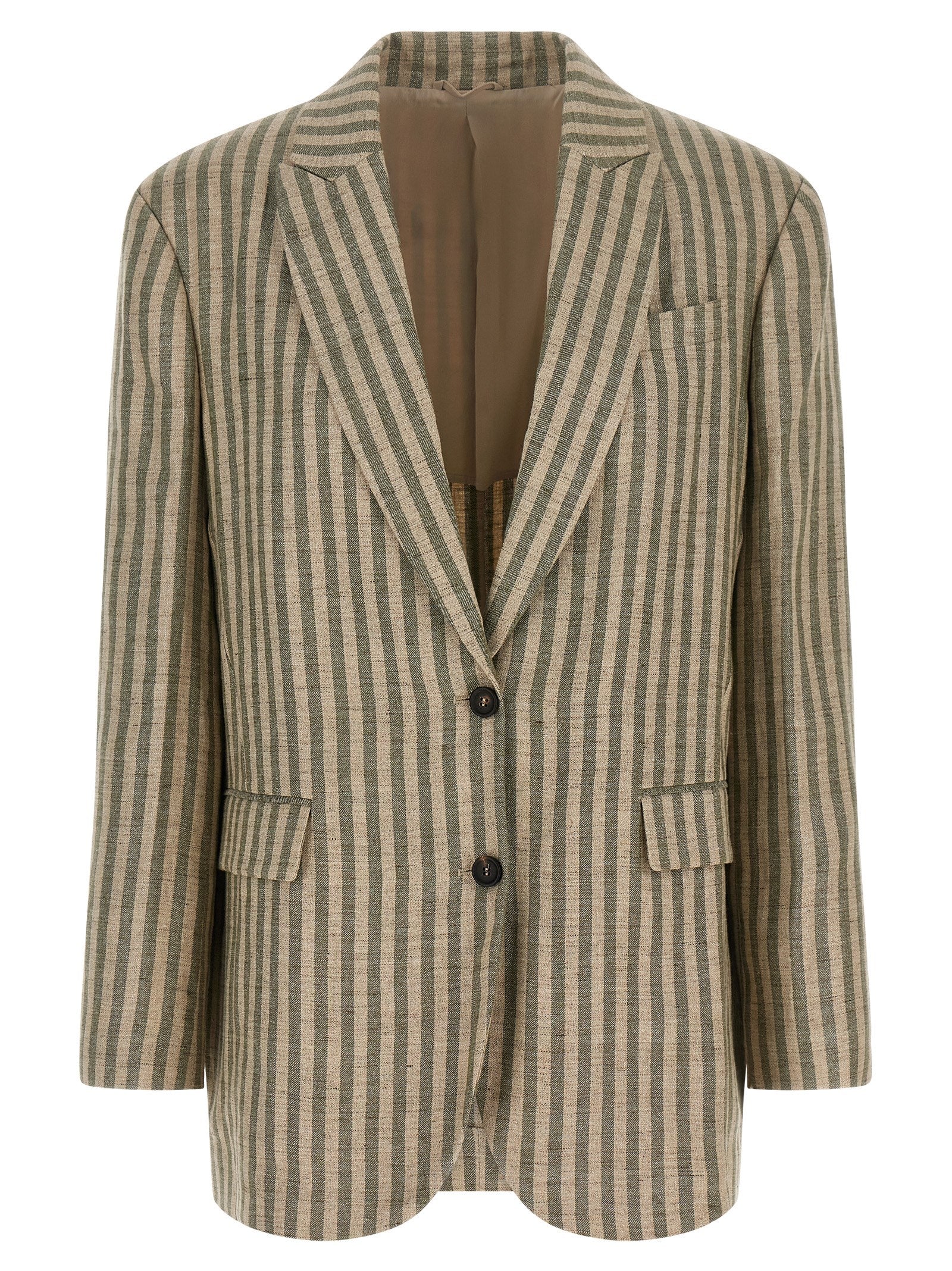 Blazer by Brunello Cucinelli for women in polyamide & linen bicolour, beige, green, horn & striped showcases a discerning silhouette, elegantly detailed with a sophisticated and premium for a truly discerning finish.