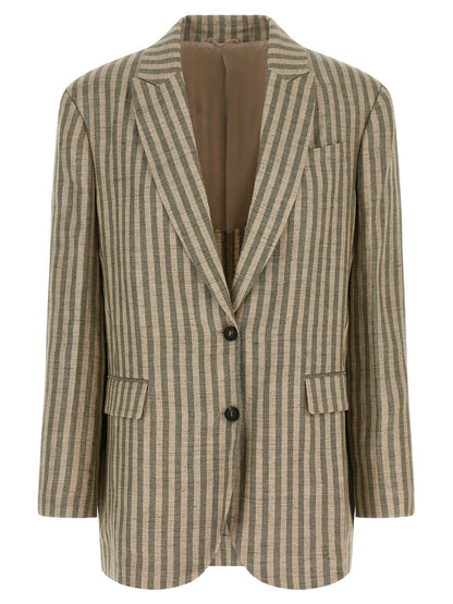 Blazer by Brunello Cucinelli for women in polyamide & linen bicolour, beige, green, horn & striped showcases a discerning silhouette, elegantly detailed with a sophisticated and premium for a truly discerning finish.