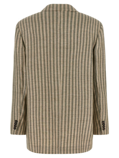 Blazer by Brunello Cucinelli for women in polyamide & linen bicolour, beige, green, horn & striped showcases a polished silhouette, highlighted by a refined and polished for a sophisticated finish.