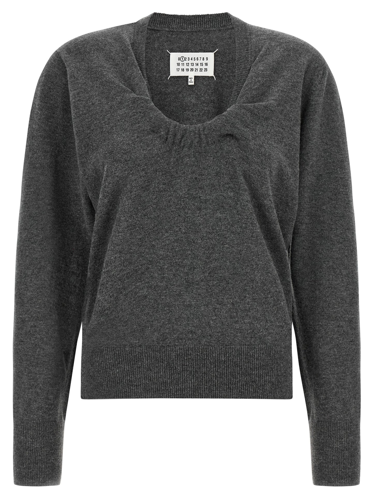 Cardigan by Maison Margiela for women in virgin wool gray, white & signature features a dramatic silhouette, showcasing a sophisticated and dramatic detail for a timeless, premium look.