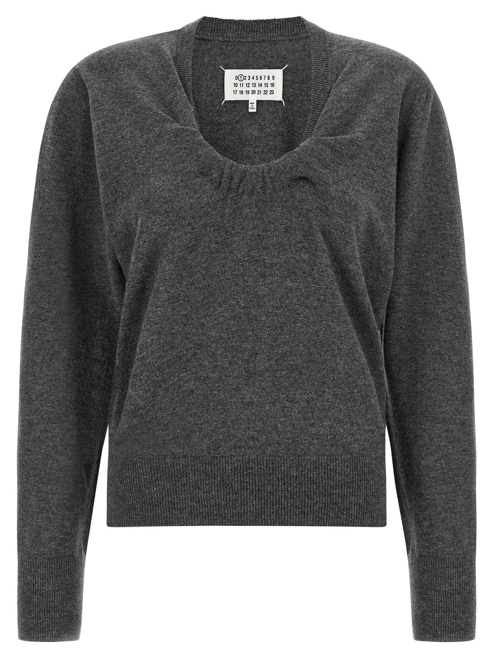 Cardigan by Maison Margiela for women in virgin wool gray, white & signature features a dramatic silhouette, showcasing a sophisticated and dramatic detail for a timeless, premium look.