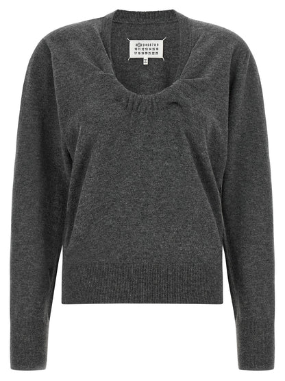 Cardigan by Maison Margiela for women in virgin wool gray, white & signature features a dramatic silhouette, showcasing a sophisticated and dramatic detail for a timeless, premium look.