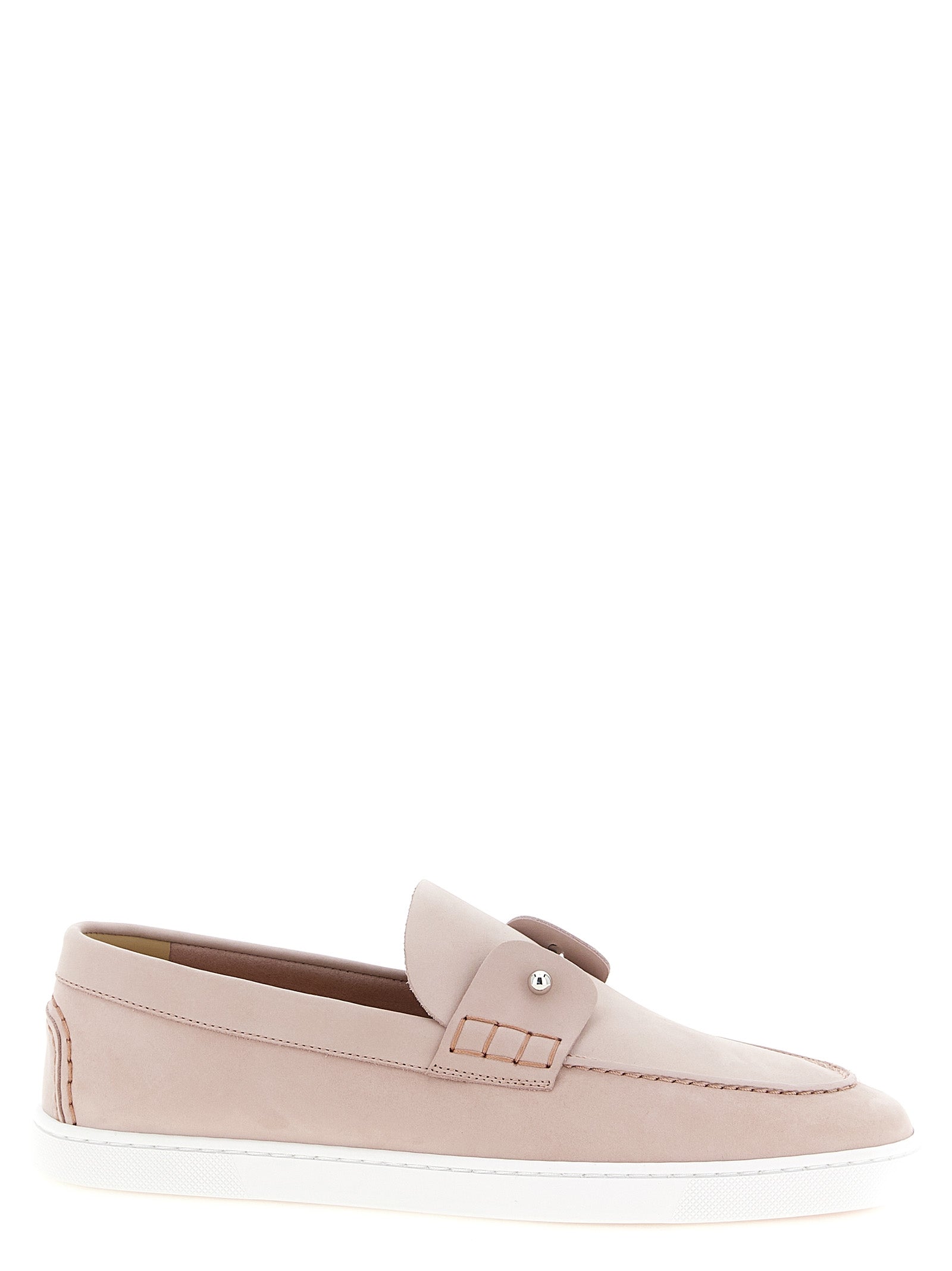 Flat Boat Loafer Slip-On Shoes by Christian Louboutin for women in bos taurus nubuck calfskin leather multicolor, pink, silver & white features an ergonomic silhouette, perfectly showcasing Women's Bos Taurus Nubuck Calfskin Leather Flat Boat Loafer Slip-On Shoes with its distinct flat and elegant .