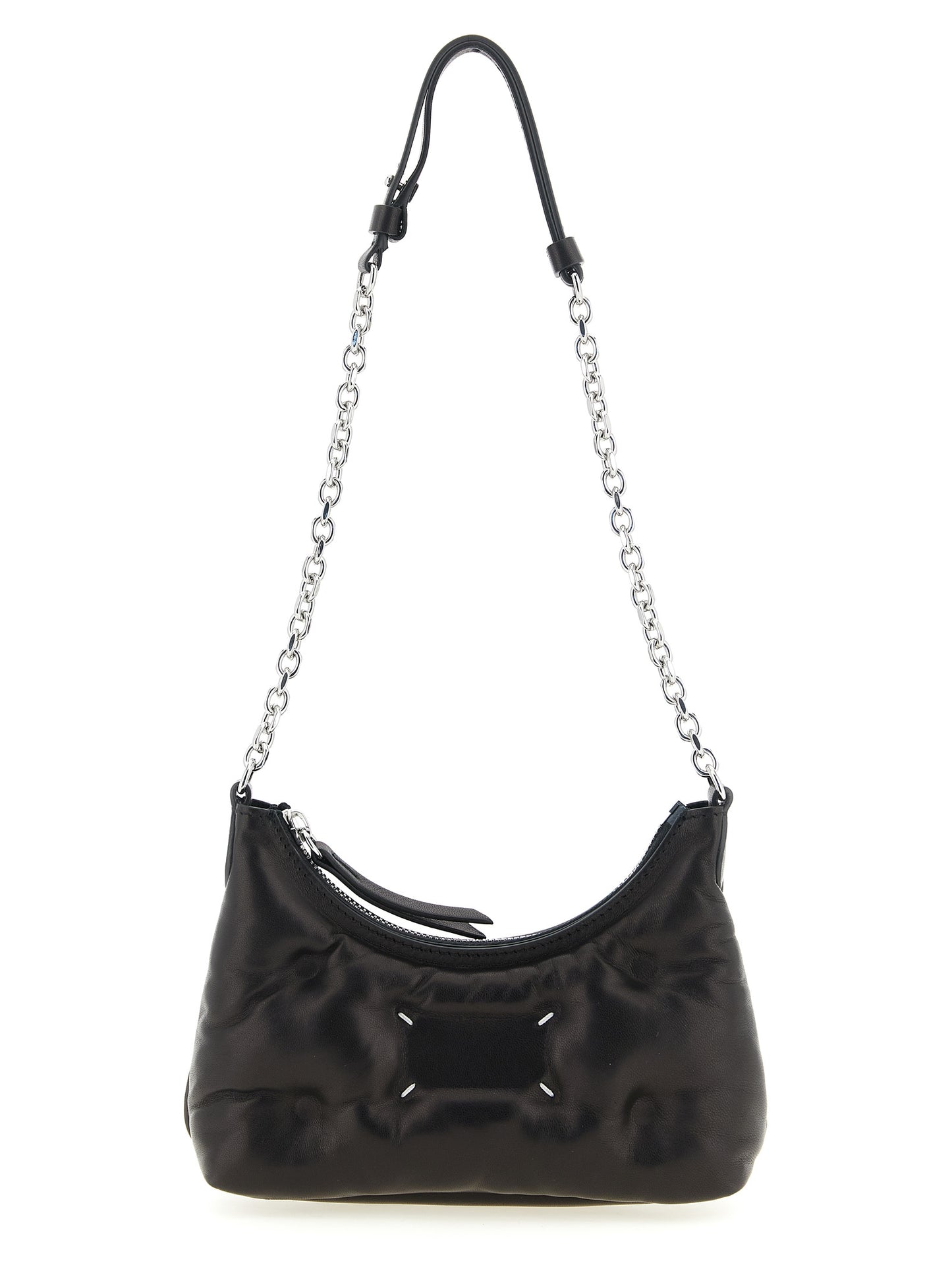 Micro Quilted 2-in-1 Shoulder & Crossbody Hobo Handbag by Maison Margiela for women in lamb leather black & silver features a versatile chic silhouette, meticulously detailed with a secure zipper, ample , and versatile crossbody-strap & shoulder-strap.