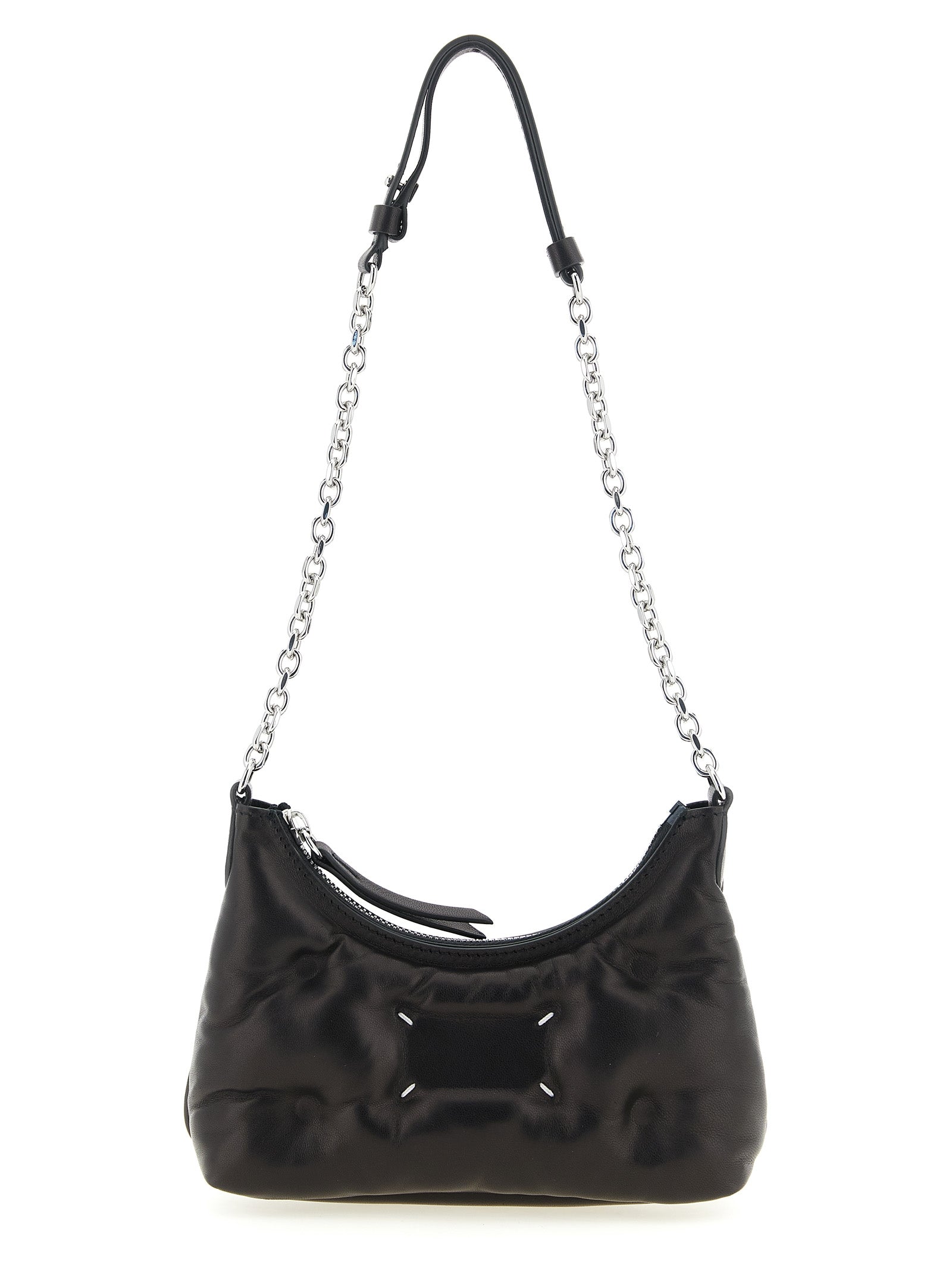 Micro Quilted 2-in-1 Shoulder & Crossbody Hobo Handbag by Maison Margiela for women in lamb leather black & silver features a versatile chic silhouette, meticulously detailed with a secure zipper, ample , and versatile crossbody-strap & shoulder-strap.