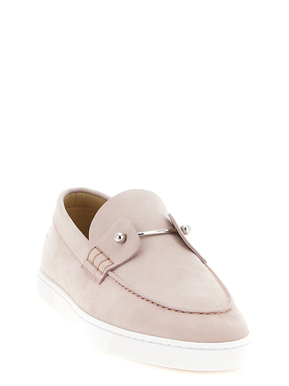 Flat Boat Loafer Slip-On Shoes by Christian Louboutin for women in bos taurus nubuck calfskin leather multicolor, pink, silver & white features an dynamic silhouette from the Women's Bos Taurus Nubuck Calfskin Leather Flat Boat Loafer Slip-On Shoes collection, defined by a dynamic and flat for a dynamic look.