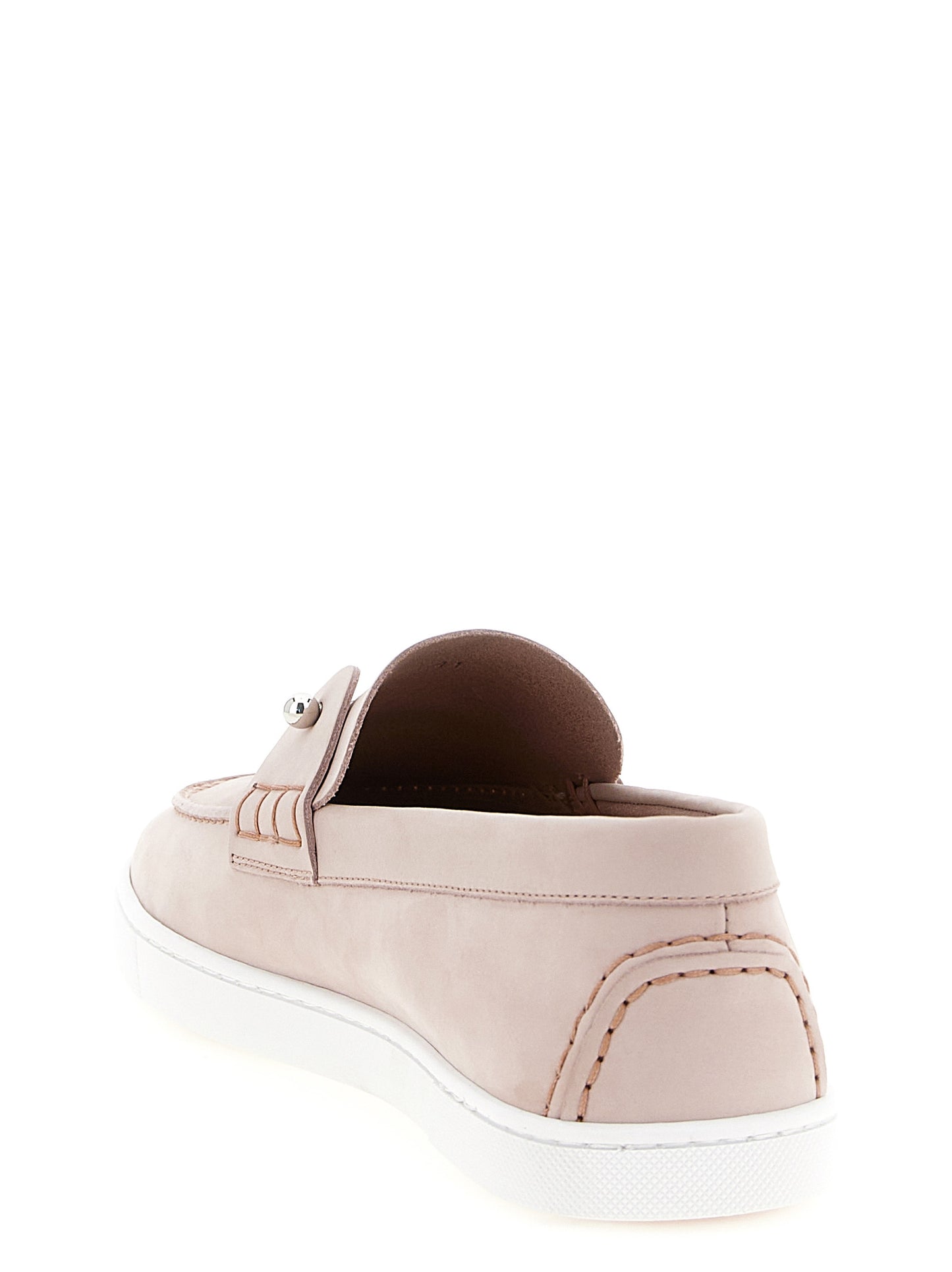 Flat Boat Loafer Slip-On Shoes by Christian Louboutin for women in bos taurus nubuck calfskin leather multicolor, pink, silver & white features an ergonomic silhouette, perfectly showcasing Women's Bos Taurus Nubuck Calfskin Leather Flat Boat Loafer Slip-On Shoes with its distinct flat and elegant .