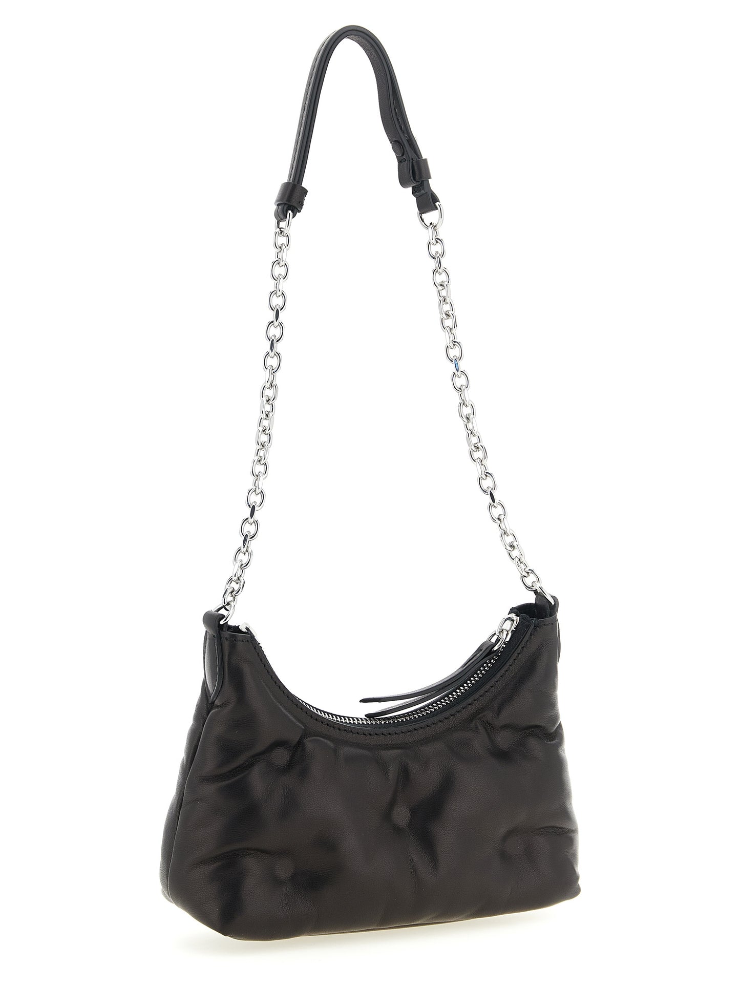 Micro Quilted 2-in-1 Shoulder & Crossbody Hobo Handbag by Maison Margiela for women in lamb leather black & silver features a multifaceted silhouette, showcasing a secure zipper and multifaceted with versatile crossbody-strap & shoulder-strap for multifaceted style.