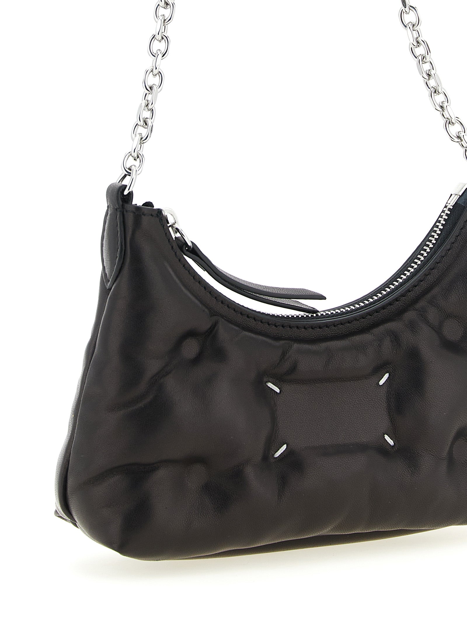 Micro Quilted 2-in-1 Shoulder & Crossbody Hobo Handbag by Maison Margiela for women in lamb leather black & silver features an multi-faceted design with a secure zipper, ample , and versatile crossbody-strap & shoulder-strap for a multi-faceted finish.