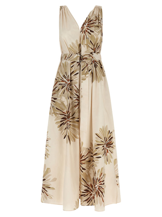 Dress by Brunello Cucinelli for women in cotton beige, brown, natural & print showcases a striking silhouette, elegantly detailed with a sleeveless, refined v-neck neckline, and a striking midi for a striking finish.