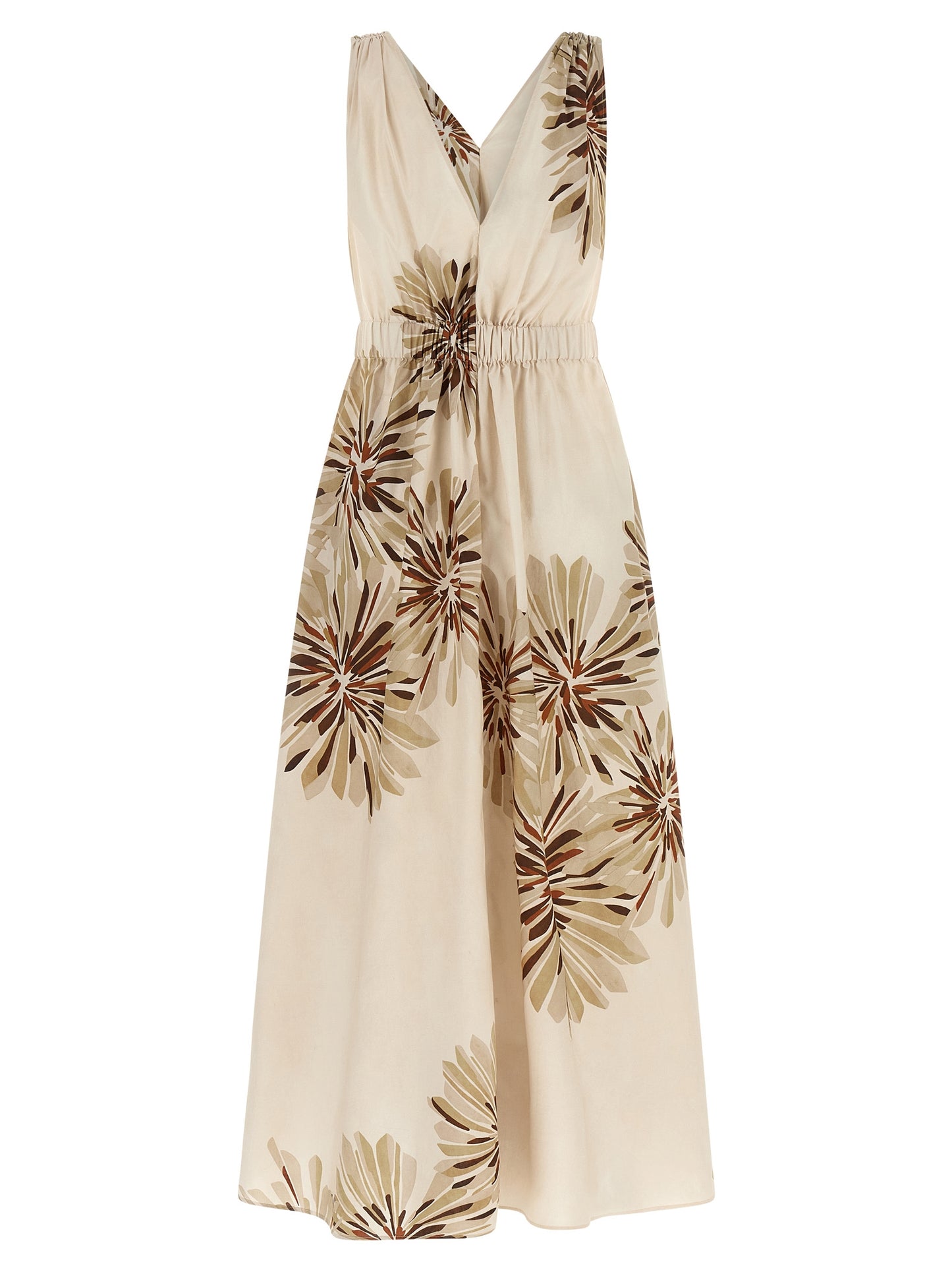 Dress by Brunello Cucinelli for women in cotton beige, brown, natural & print features an magnificent silhouette, artfully detailed with a magnificent v-neck neckline and that flows into an magnificent midi.