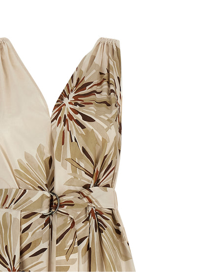 Dress by Brunello Cucinelli for women in cotton beige, brown, natural & print features a dramatic silhouette, showcasing an elegant v-neck neckline and that flows into a dramatic midi.