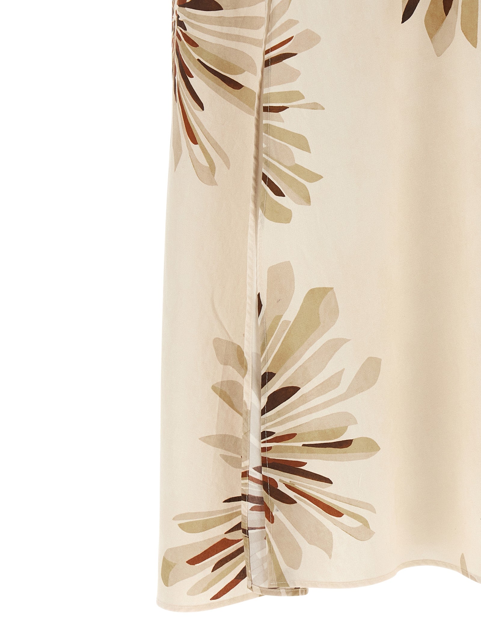 Dress by Brunello Cucinelli for women in cotton beige, brown, natural & print features an eye catching silhouette with a sophisticated v-neck neckline, elegant , and a refined midi for a eye catching aesthetic.