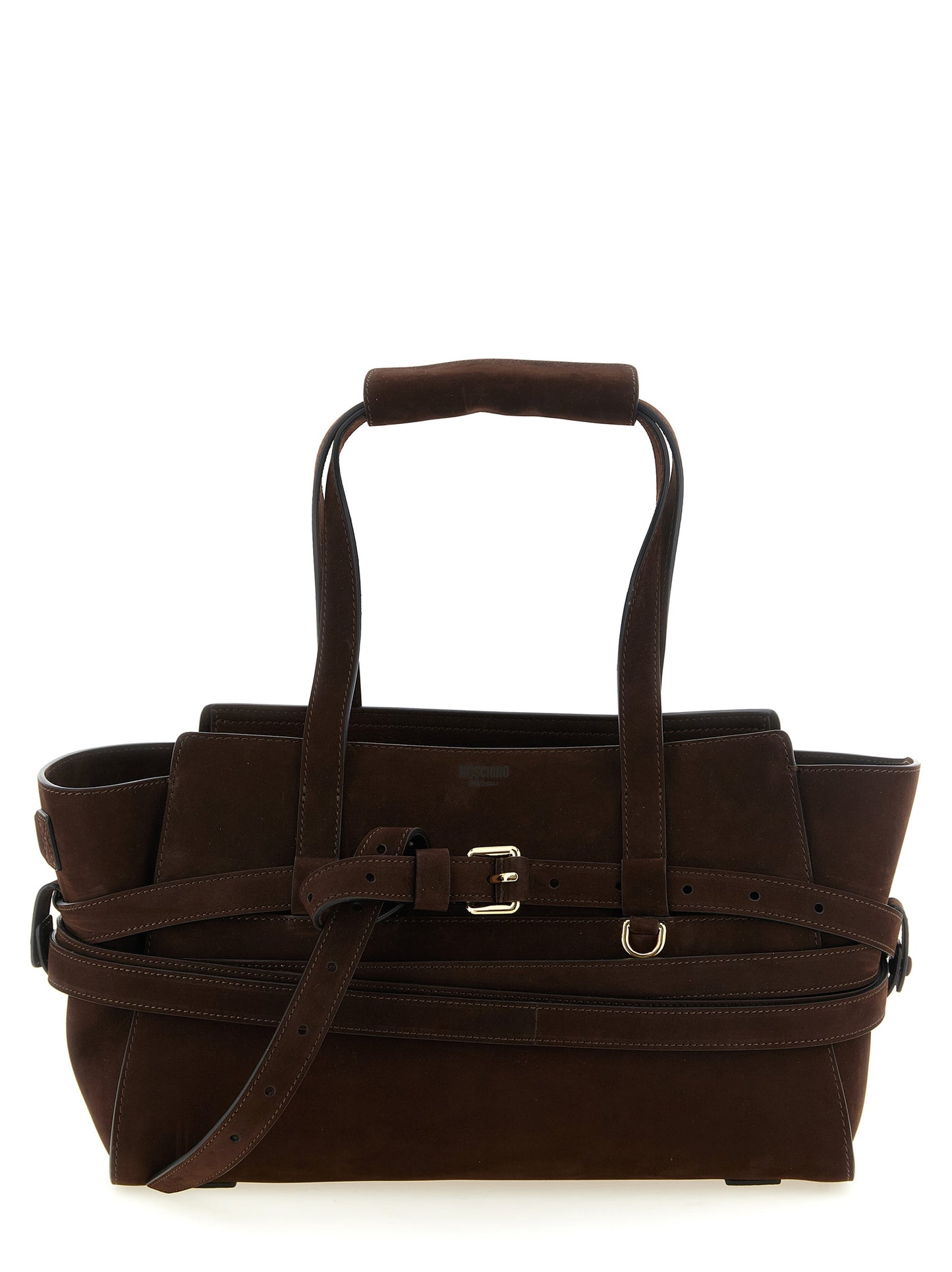Handbag by Moschino for women in calfskin leather brown & gold features a ornamental silhouette, showcasing a secure zipper & buckle, ample , and ornamental shoulder-strap, handle & belt-strap for a sophisticated look.