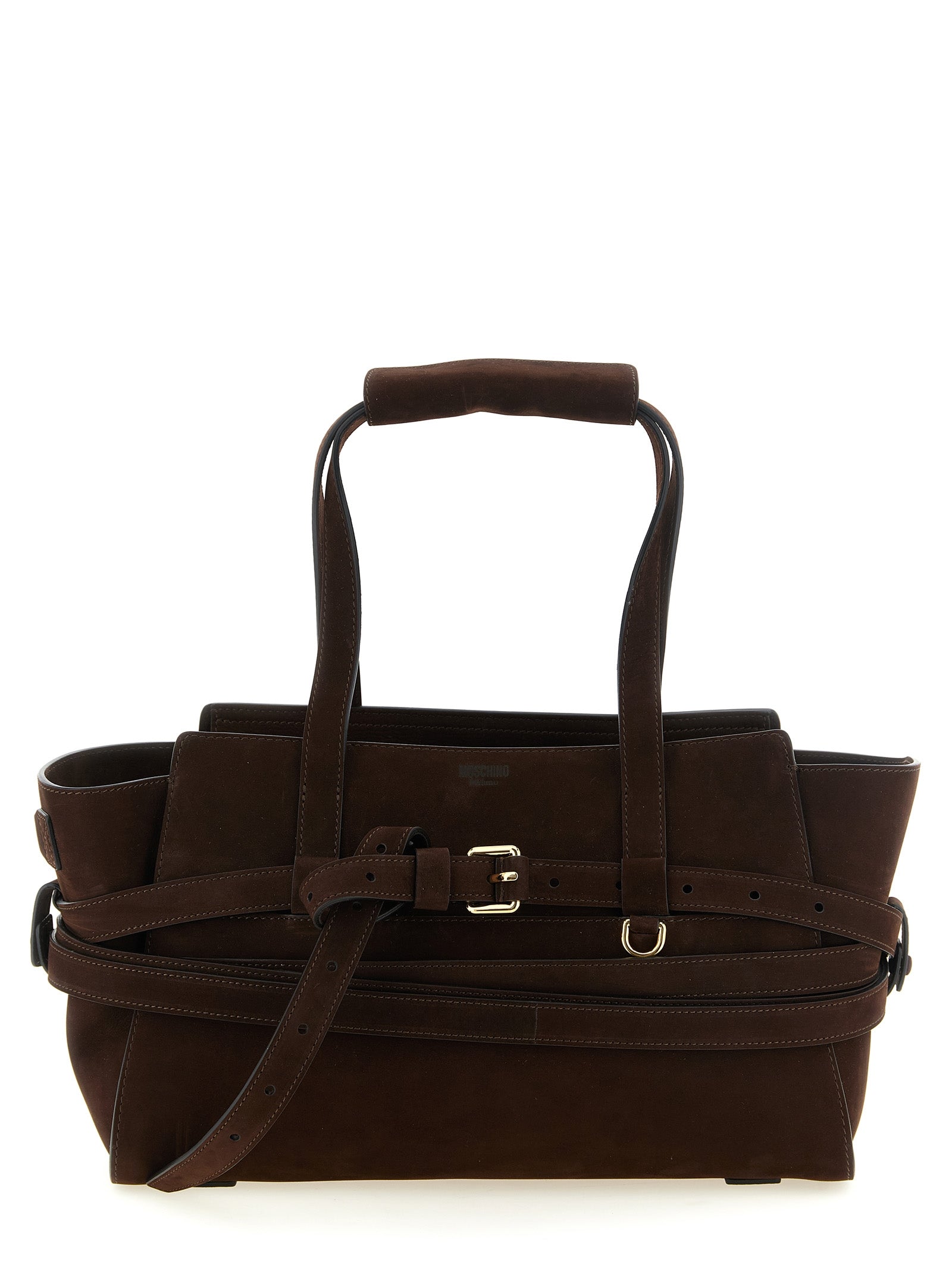 Handbag by Moschino for women in calfskin leather brown & gold features a ornamental silhouette, showcasing a secure zipper & buckle, ample , and ornamental shoulder-strap, handle & belt-strap for a sophisticated look.