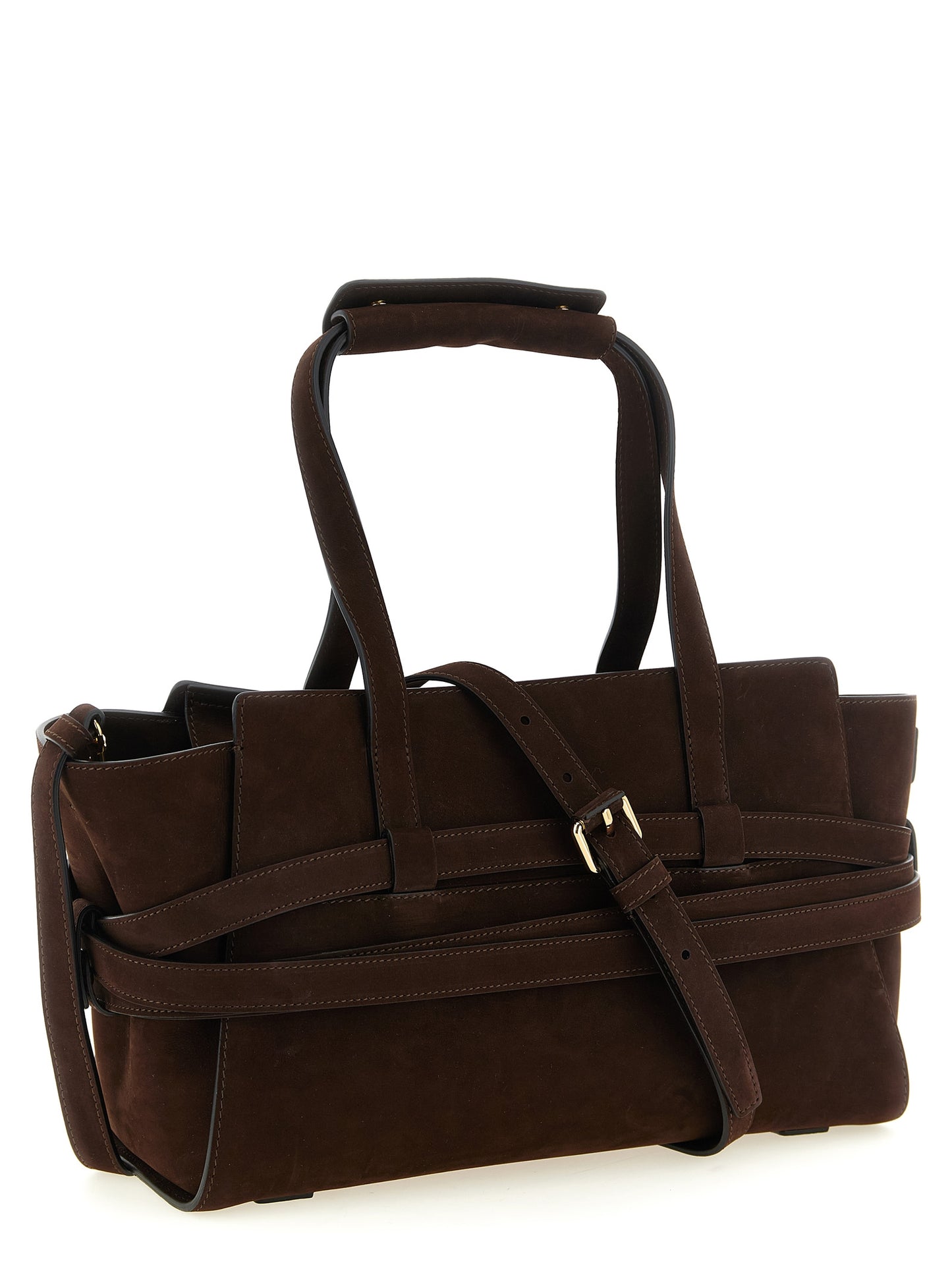Handbag by Moschino for women in calfskin leather brown & gold features a refined silhouette, showcasing a secure zipper & buckle, organized , and versatile shoulder-strap, handle & belt-strap for a refined finish.