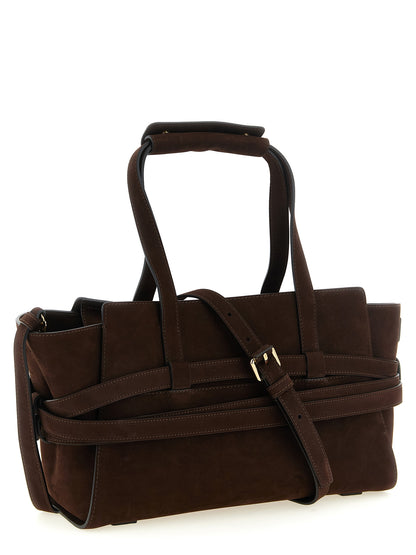 Handbag by Moschino for women in calfskin leather brown & gold features a refined silhouette, showcasing a secure zipper & buckle, organized , and versatile shoulder-strap, handle & belt-strap for a refined finish.