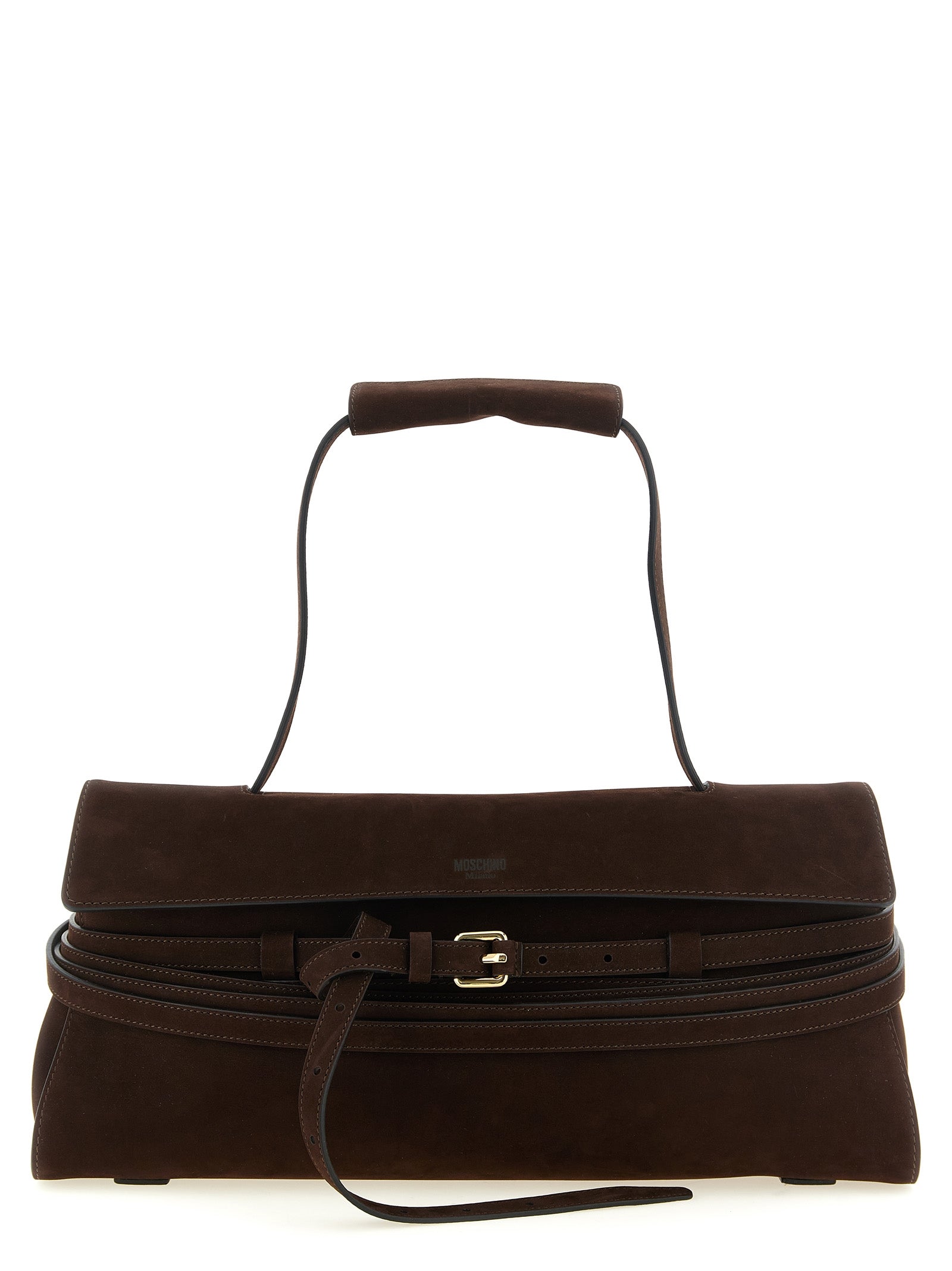 Shoulder Flap Bag by Moschino for women in calfskin leather brown & gold showcases a statuesque silhouette, artfully detailed with a secure flap, zipper & buckle, organized , and versatile shoulder-strap, handle & belt-strap for a statuesque look.