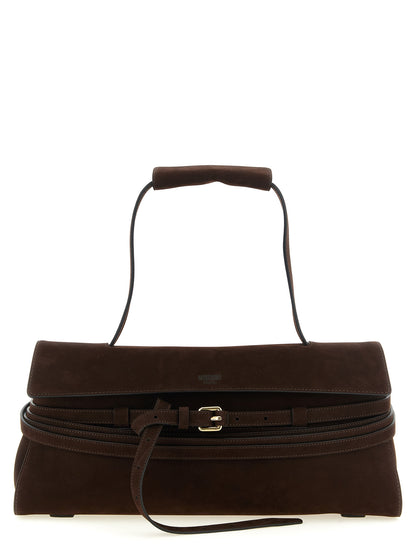 Shoulder Flap Bag by Moschino for women in calfskin leather brown & gold showcases a statuesque silhouette, artfully detailed with a secure flap, zipper & buckle, organized , and versatile shoulder-strap, handle & belt-strap for a statuesque look.