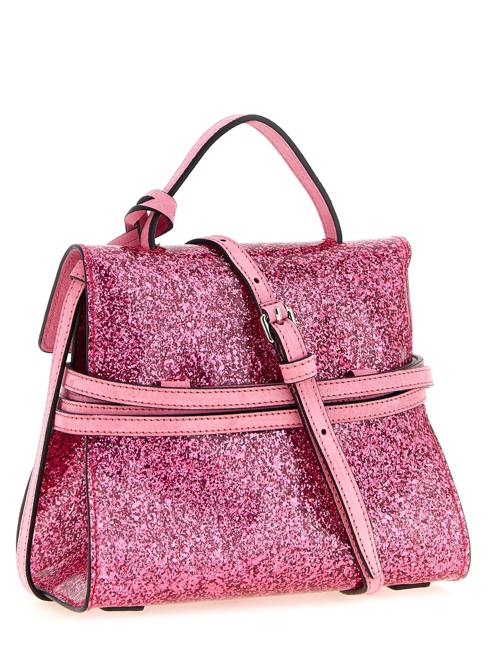 Small Handbag by Moschino for women in faux leather & cotton multicolor, pink & silver features a signature silhouette, showcasing a secure buckle and signature with versatile shoulder-strap, adjustable-strap & handle for a sophisticated look.
