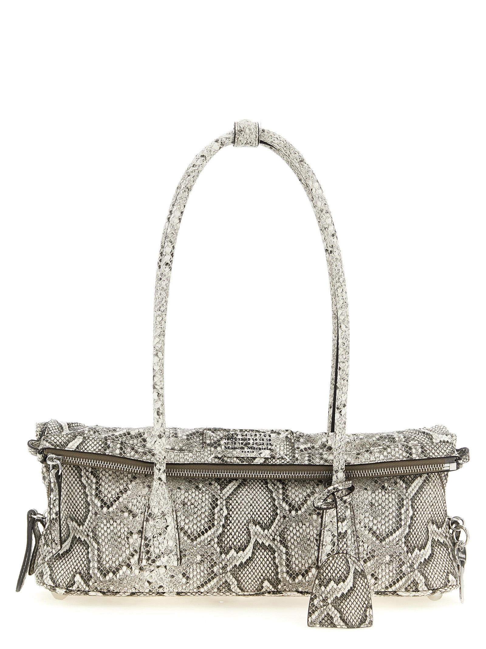 East West Shoulder Bag by Maison Margiela for women in viscose & synthetic fur silver & white features a effortless chic silhouette with a secure zipper, ample , and versatile shoulder-strap & handle for a effortless chic finish.